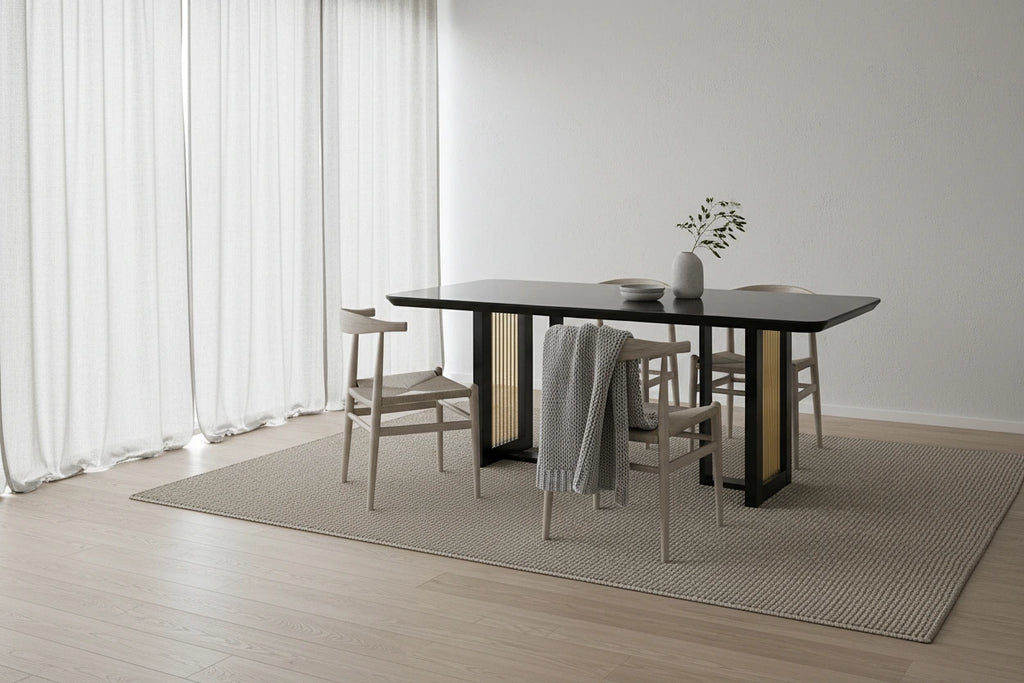 Table à manger de luxe noire et or à plateau en verre pour 6 personnes