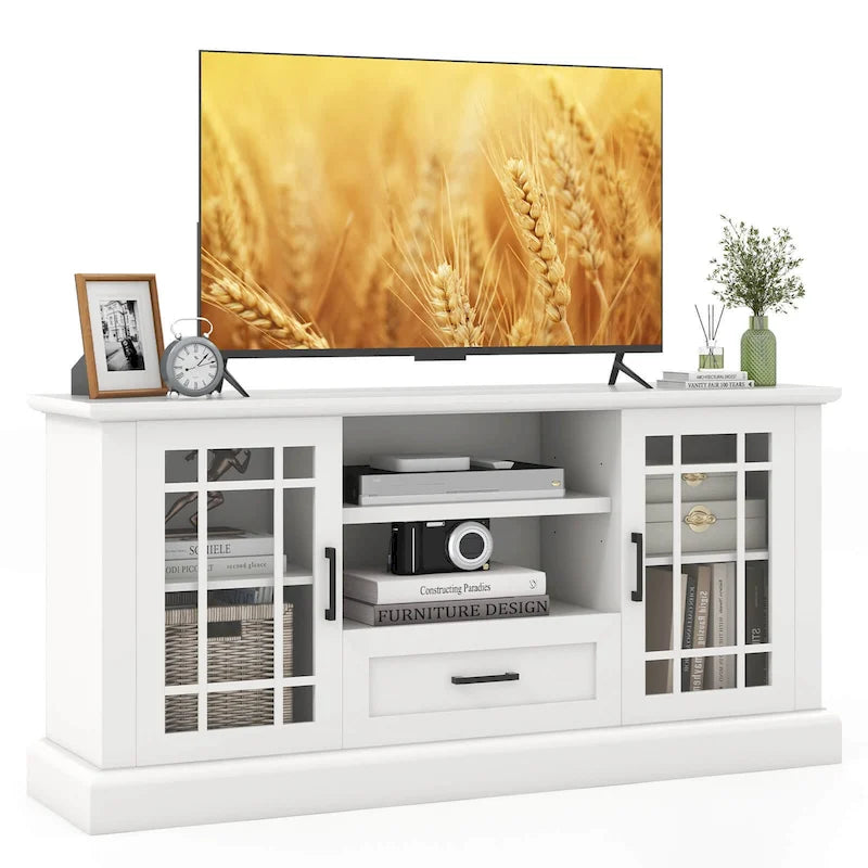 Meuble TV de style rustique pour téléviseurs jusqu'à 70 po, avec portes vitrées