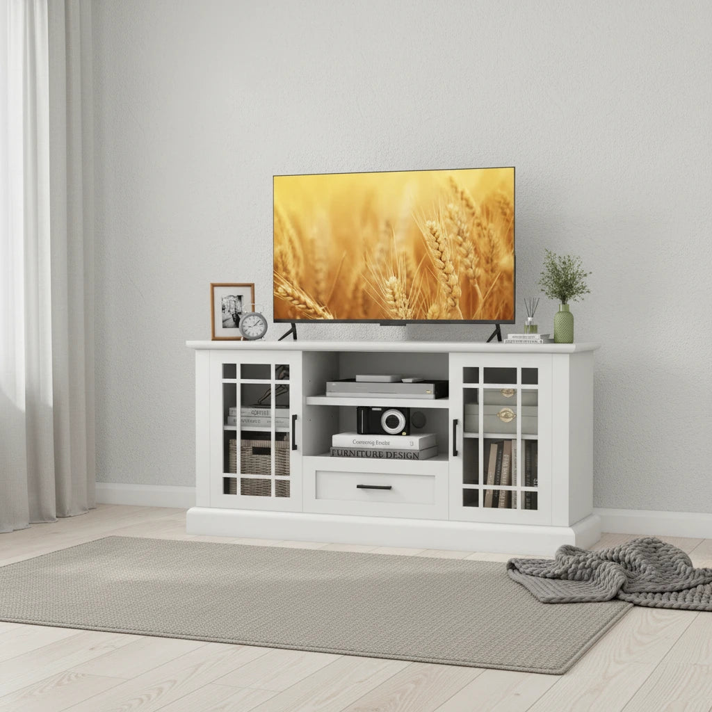 Gymax Farmhouse TV Stand for TVs up to 70 Media Center w/Glass Doors