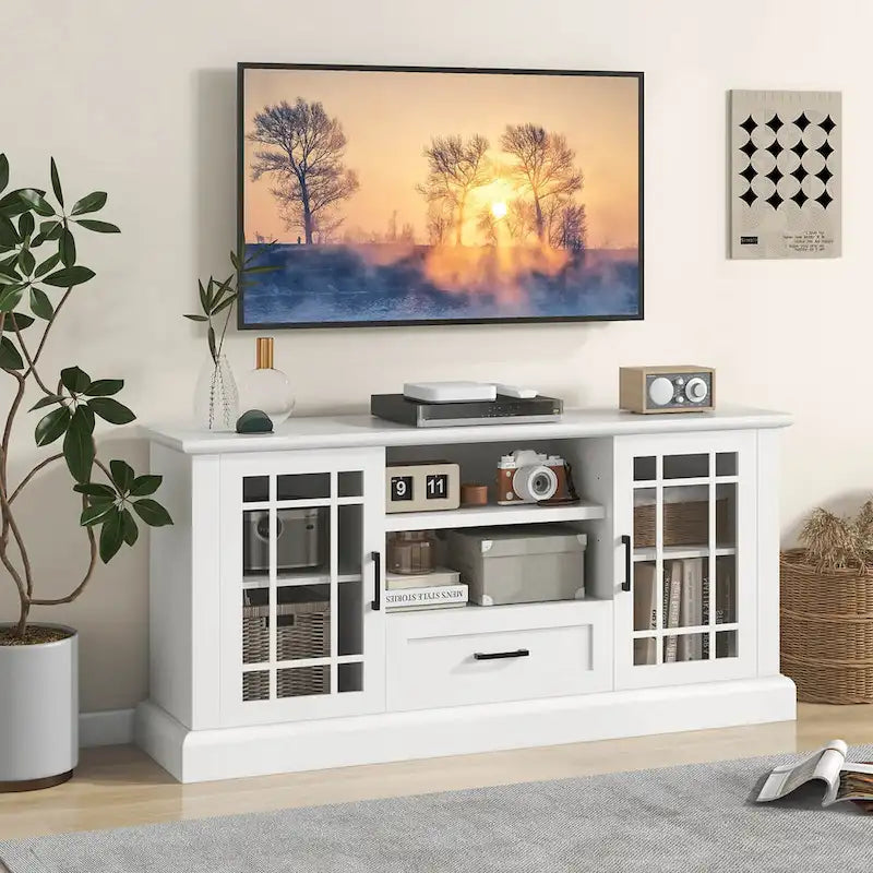 Meuble TV de style rustique pour téléviseurs jusqu'à 70 po, avec portes vitrées