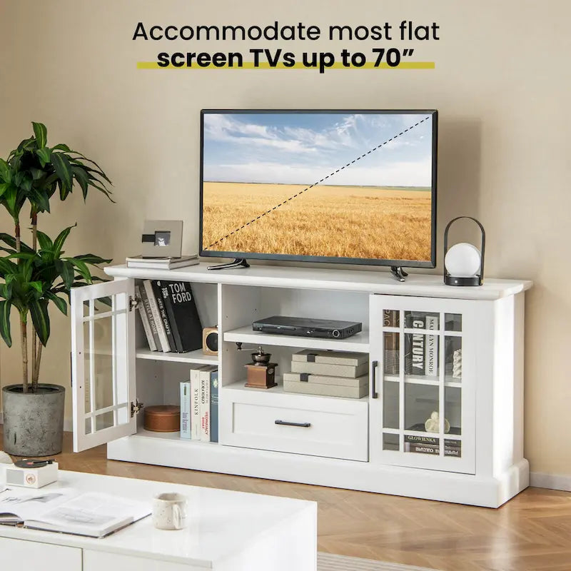 Meuble TV de style rustique pour téléviseurs jusqu'à 70 po, avec portes vitrées