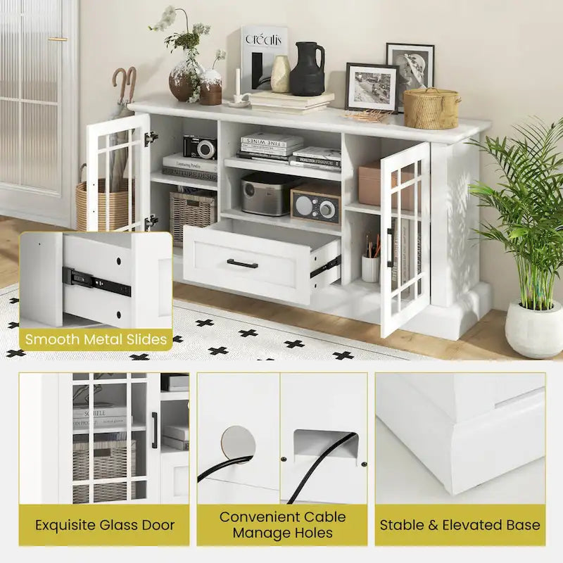 Meuble TV de style rustique pour téléviseurs jusqu'à 70 po, avec portes vitrées