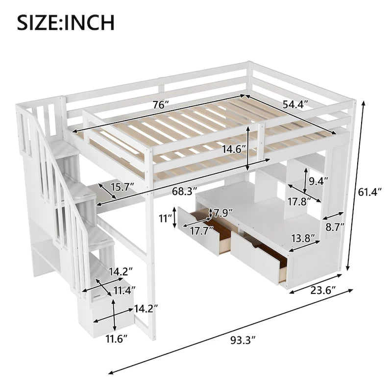 Lit mezzanine pleine grandeur blanc en bois massif avec bureau, étagères et escalier de rangement