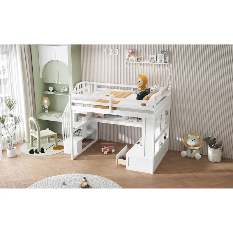 Lit mezzanine pleine grandeur blanc en bois massif avec bureau, étagères et escalier de rangement