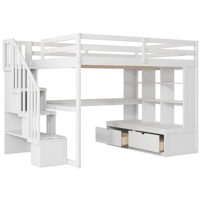 Lit mezzanine pleine grandeur blanc en bois massif avec bureau, étagères et escalier de rangement