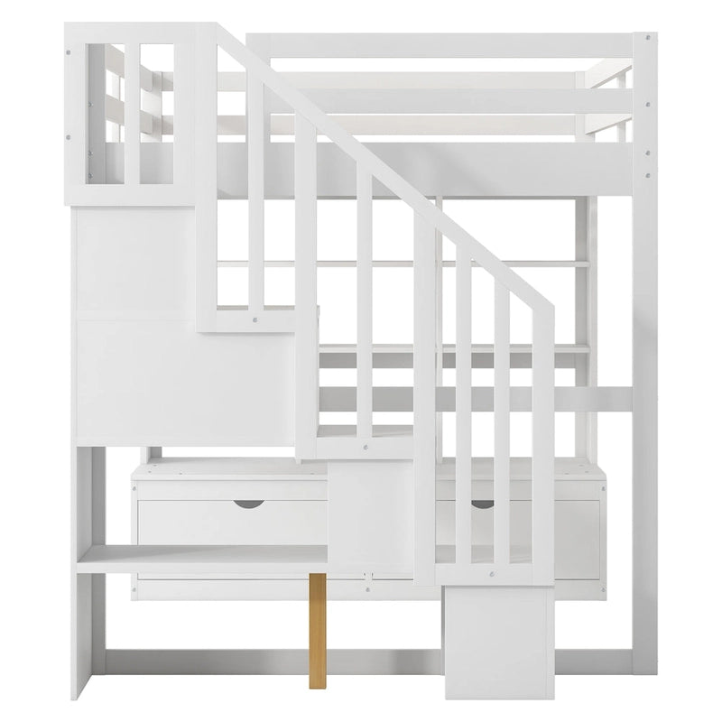 Lit mezzanine pleine grandeur blanc en bois massif avec bureau, étagères et escalier de rangement