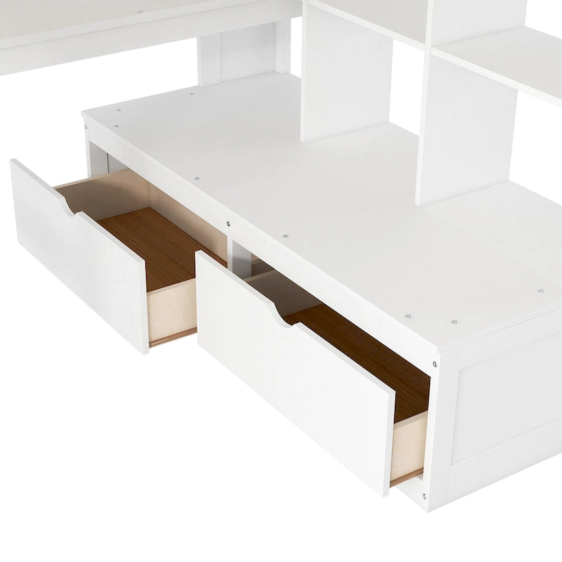 Lit mezzanine pleine grandeur blanc en bois massif avec bureau, étagères et escalier de rangement