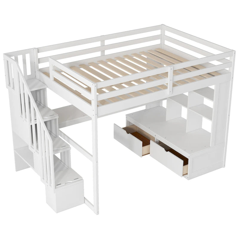 Lit mezzanine pleine grandeur blanc en bois massif avec bureau, étagères et escalier de rangement