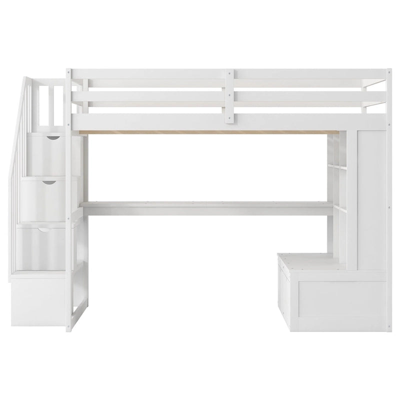 Lit mezzanine pleine grandeur blanc en bois massif avec bureau, étagères et escalier de rangement