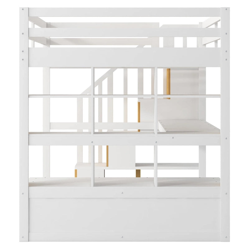Lit mezzanine pleine grandeur blanc en bois massif avec bureau, étagères et escalier de rangement