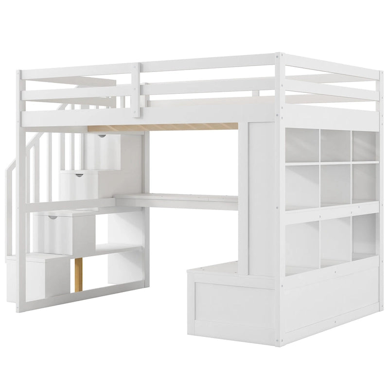 Lit mezzanine pleine grandeur blanc en bois massif avec bureau, étagères et escalier de rangement