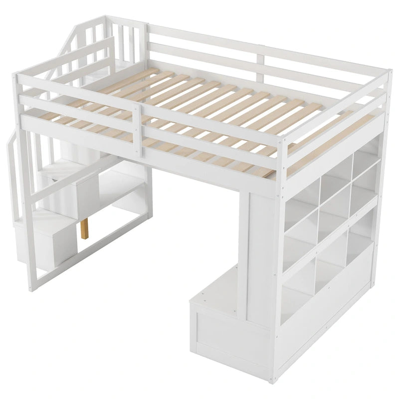 Lit mezzanine pleine grandeur blanc en bois massif avec bureau, étagères et escalier de rangement