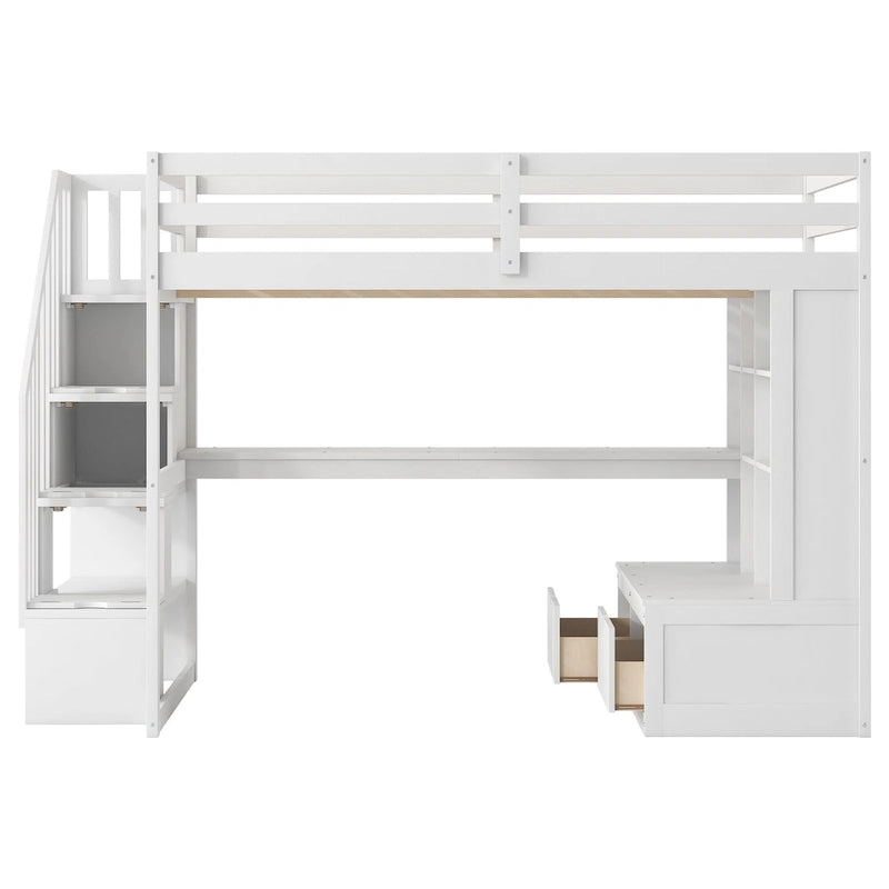 Lit mezzanine pleine grandeur blanc en bois massif avec bureau, étagères et escalier de rangement