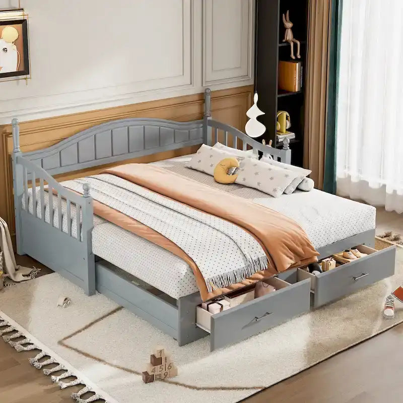 Lit de repos double en bois avec 2 tiroirs et lit gigogne