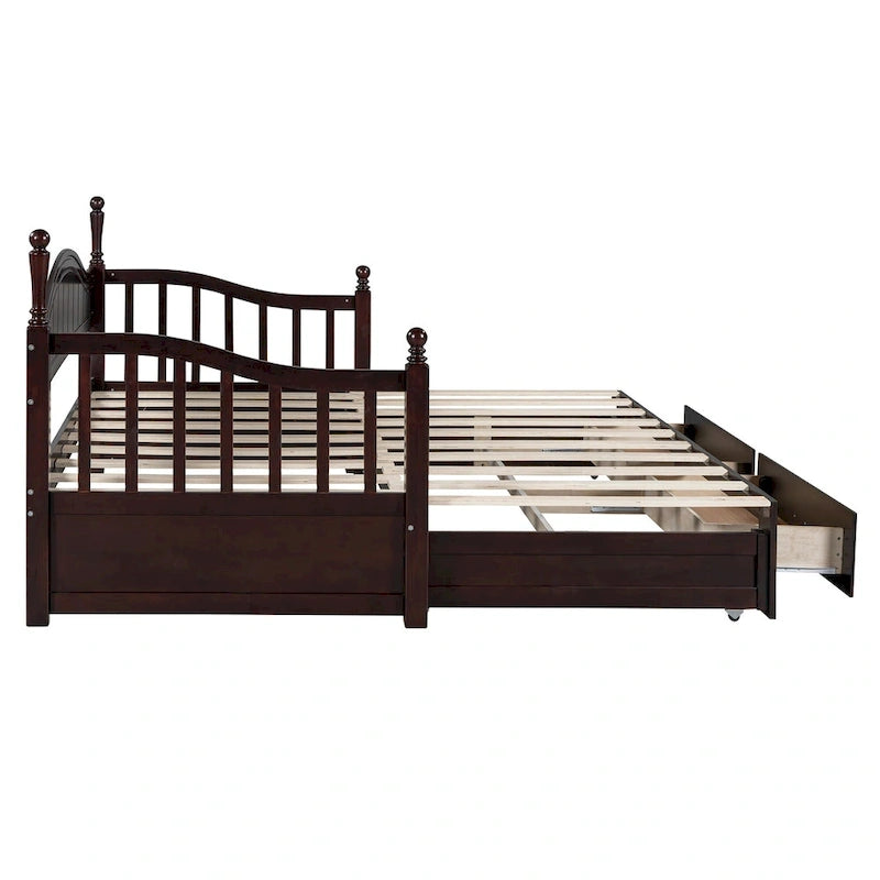 Lit de repos double en bois avec 2 tiroirs et lit gigogne