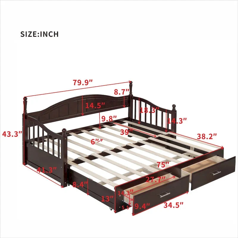 Lit de repos double en bois avec 2 tiroirs et lit gigogne