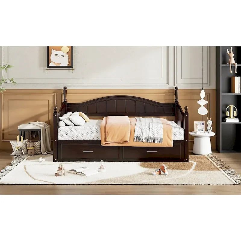 Lit de repos double en bois avec 2 tiroirs et lit gigogne