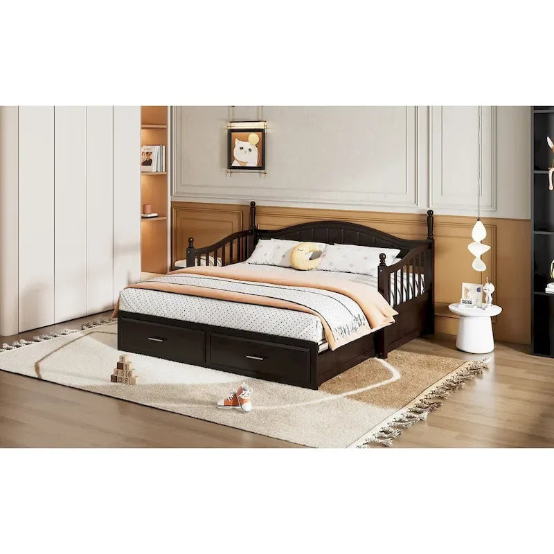 Lit de repos double en bois avec 2 tiroirs et lit gigogne