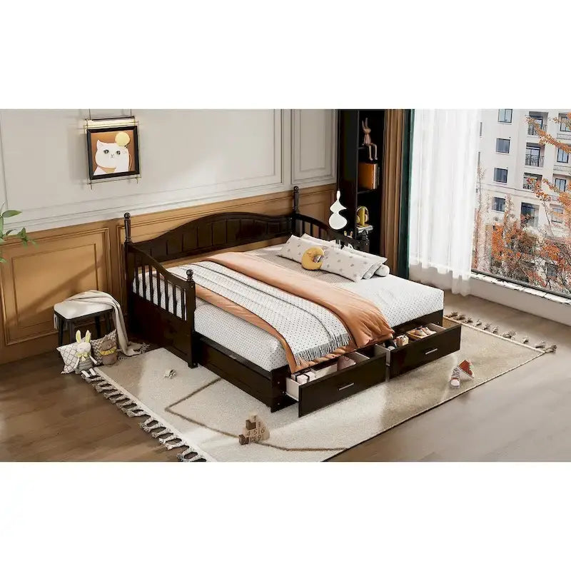 Lit de repos double en bois avec 2 tiroirs et lit gigogne