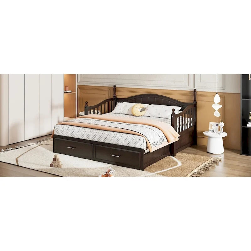 Lit de repos double en bois avec 2 tiroirs et lit gigogne