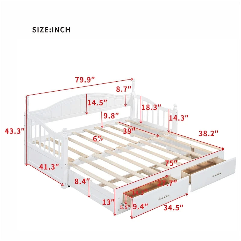 Lit de repos double en bois avec 2 tiroirs et lit gigogne