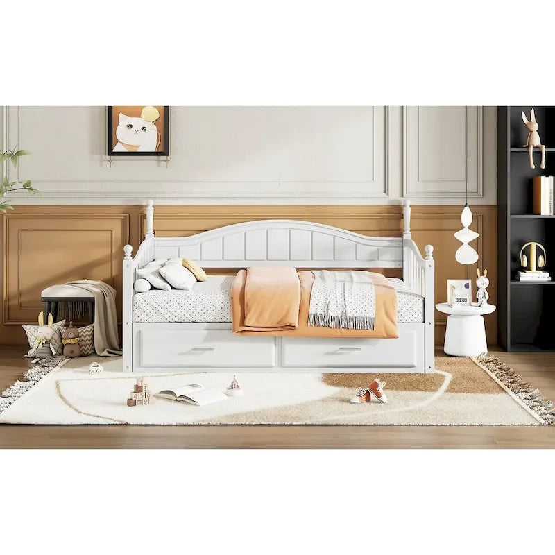 Lit de repos double en bois avec 2 tiroirs et lit gigogne