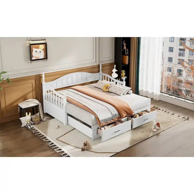 Lit de repos double en bois avec 2 tiroirs et lit gigogne