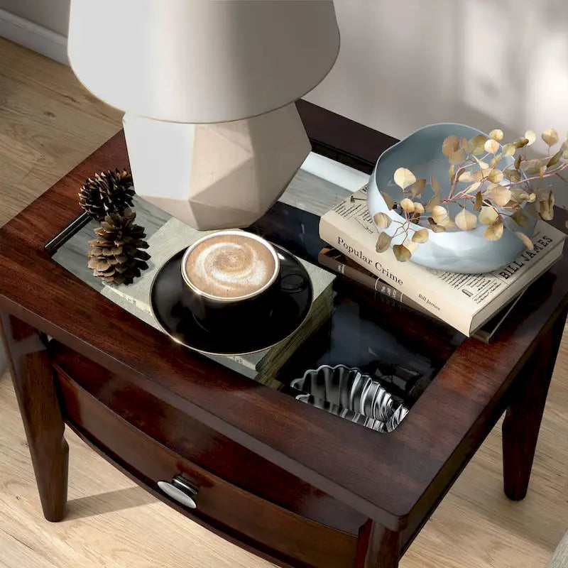 Table d'appoint traditionnelle en noyer de 68,5 cm avec plateau en verre et 1 tiroir par