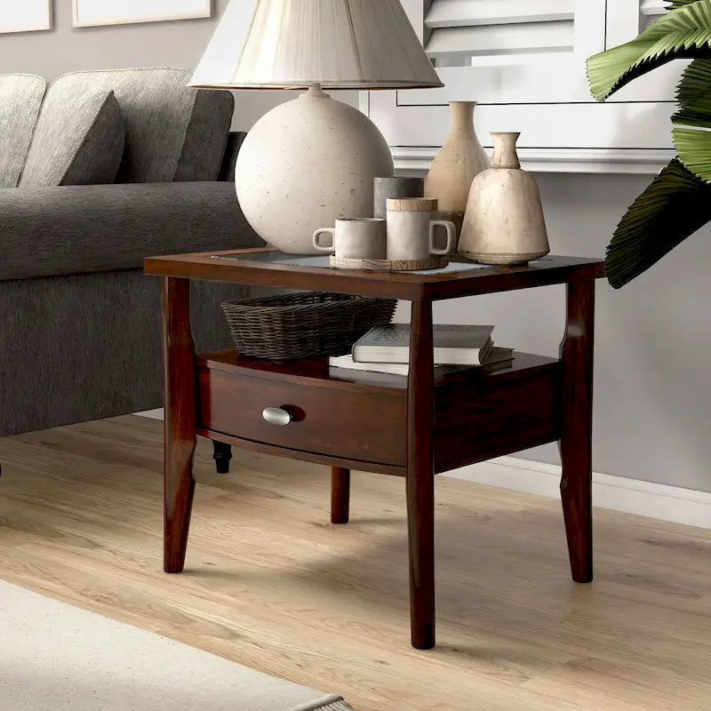 Table d'appoint traditionnelle en noyer de 68,5 cm avec plateau en verre et 1 tiroir par