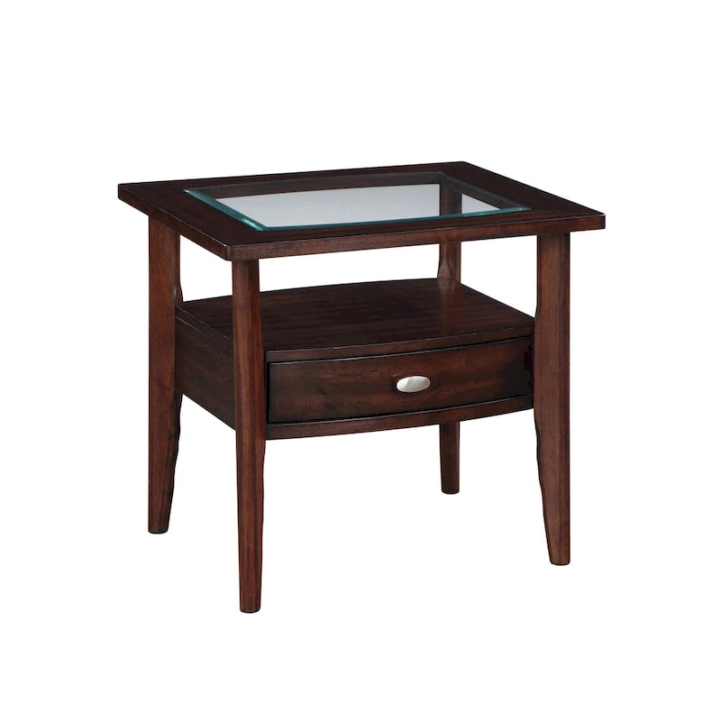 Table d'appoint traditionnelle en noyer de 68,5 cm avec plateau en verre et 1 tiroir par