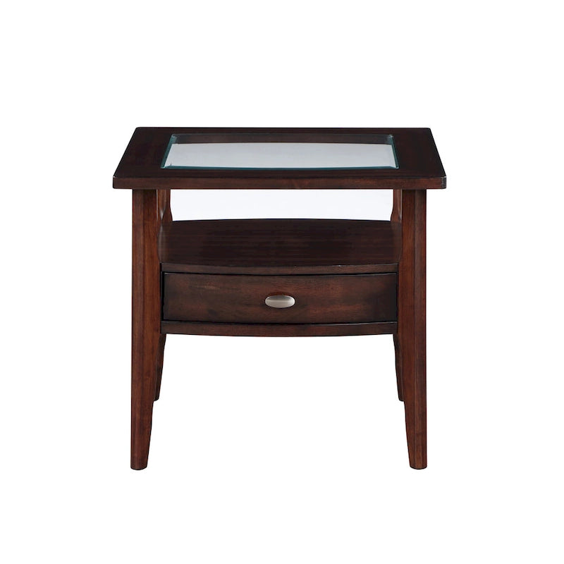 Table d'appoint traditionnelle en noyer de 68,5 cm avec plateau en verre et 1 tiroir par