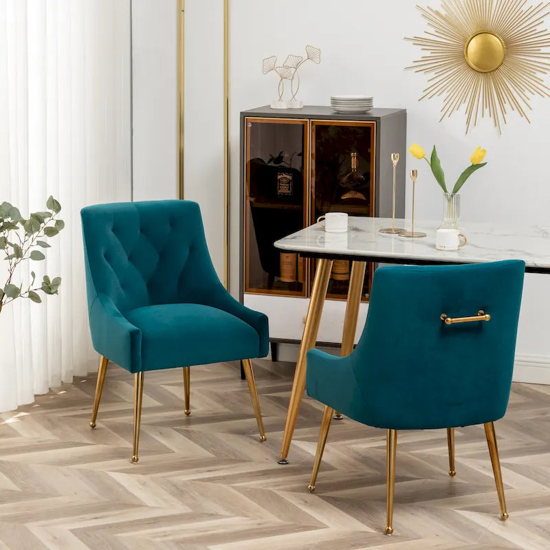 Lot de 2 chaises de salle à manger d'appoint modernes sans accoudoirs en velours bouclé avec dossier capitonné et pieds dorés