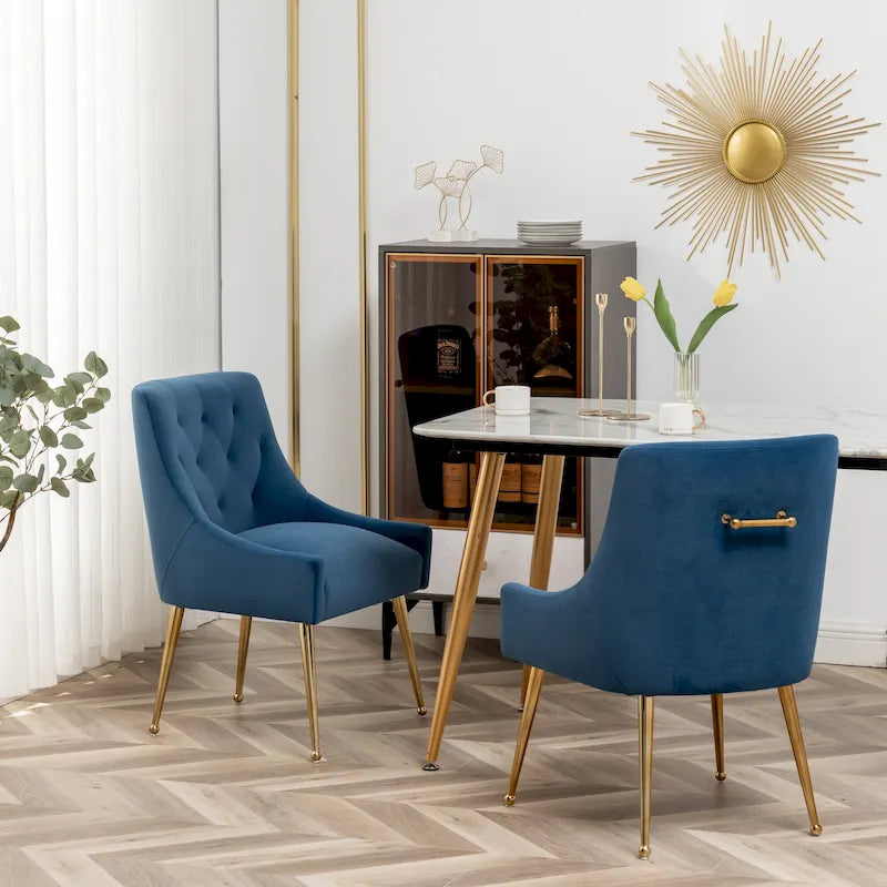 Lot de 2 chaises de salle à manger d'appoint modernes sans accoudoirs en velours bouclé avec dossier capitonné et pieds dorés
