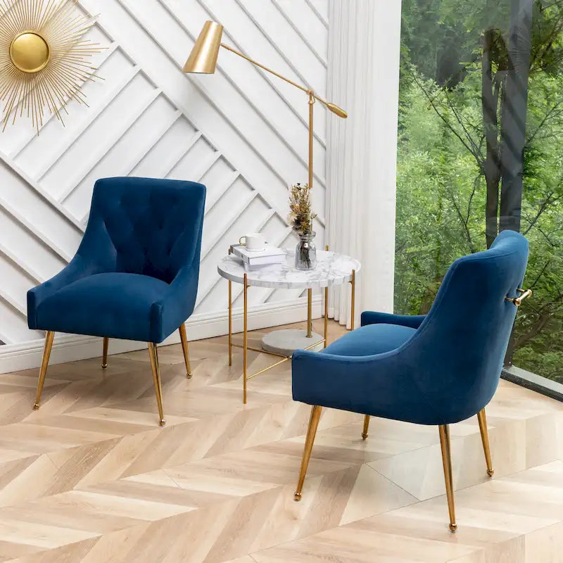 Lot de 2 chaises de salle à manger d'appoint modernes sans accoudoirs en velours bouclé avec dossier capitonné et pieds dorés