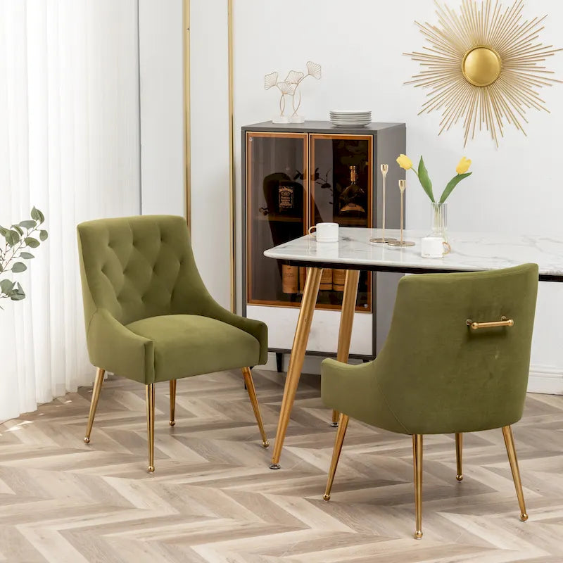 Lot de 2 chaises de salle à manger d'appoint modernes sans accoudoirs en velours bouclé avec dossier capitonné et pieds dorés