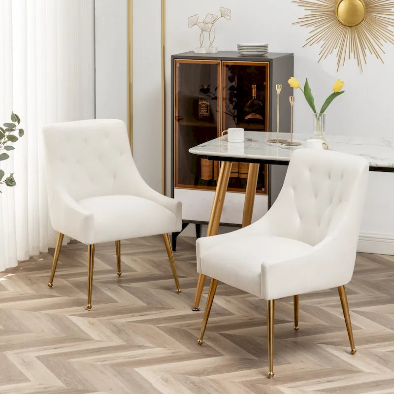 Lot de 2 chaises de salle à manger d'appoint modernes sans accoudoirs en velours bouclé avec dossier capitonné et pieds dorés