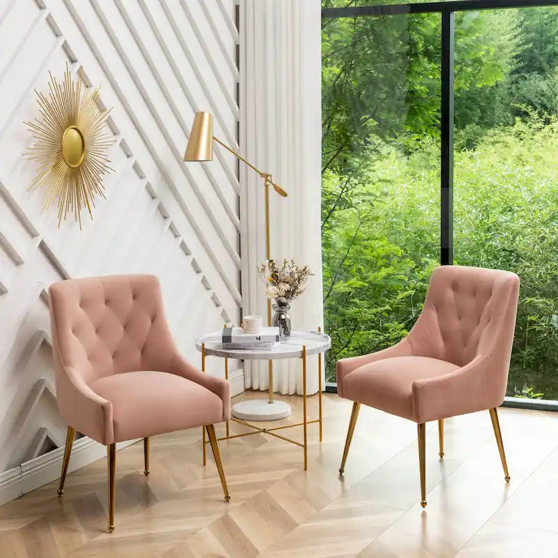 Lot de 2 chaises de salle à manger d'appoint modernes sans accoudoirs en velours bouclé avec dossier capitonné et pieds dorés
