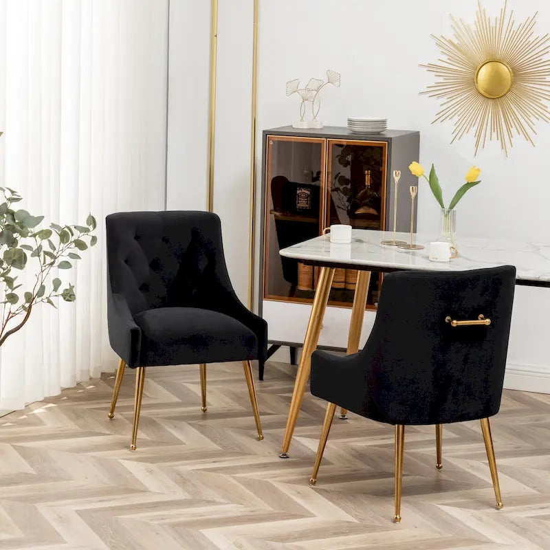 Lot de 2 chaises de salle à manger d'appoint modernes sans accoudoirs en velours bouclé avec dossier capitonné et pieds dorés