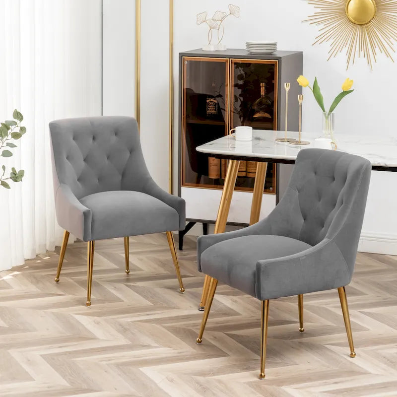 Lot de 2 chaises de salle à manger d'appoint modernes sans accoudoirs en velours bouclé avec dossier capitonné et pieds dorés