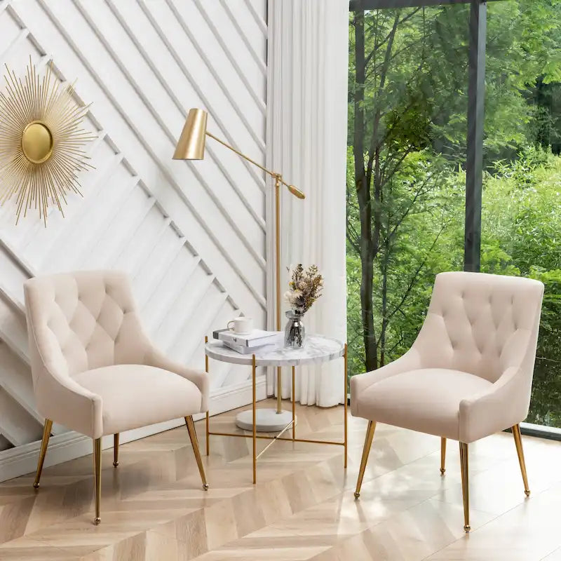 Lot de 2 chaises de salle à manger d'appoint modernes sans accoudoirs en velours bouclé avec dossier capitonné et pieds dorés