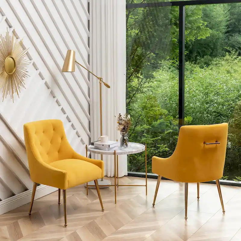 Lot de 2 chaises de salle à manger d'appoint modernes sans accoudoirs en velours bouclé avec dossier capitonné et pieds dorés