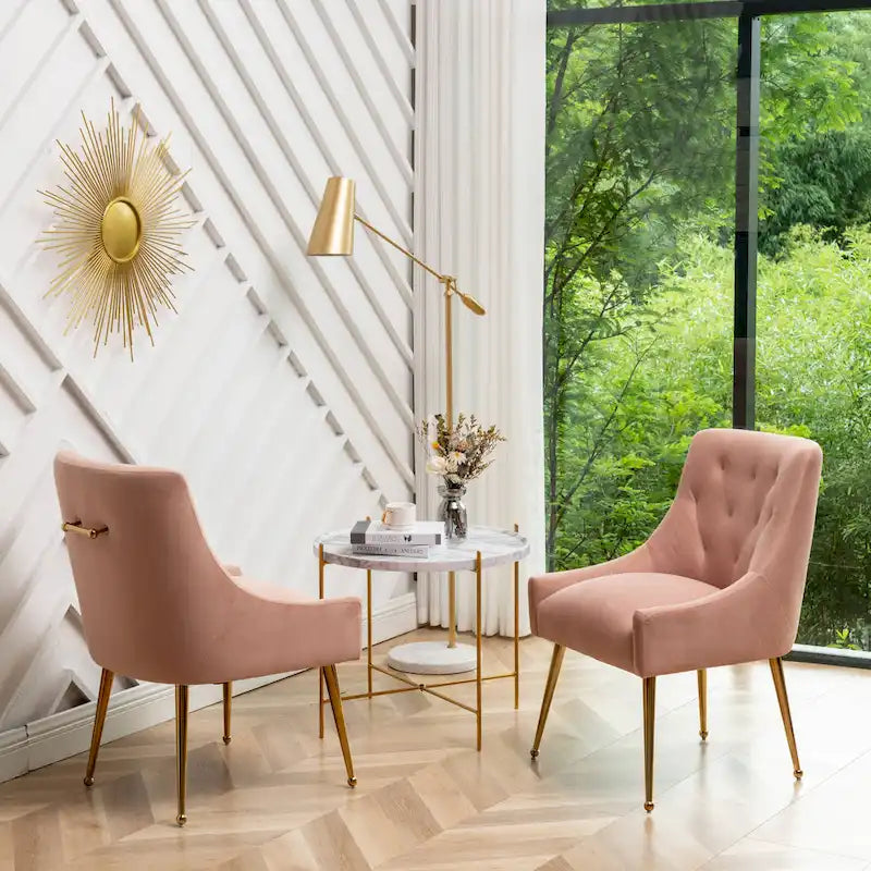 Lot de 2 chaises de salle à manger d'appoint modernes sans accoudoirs en velours bouclé avec dossier capitonné et pieds dorés