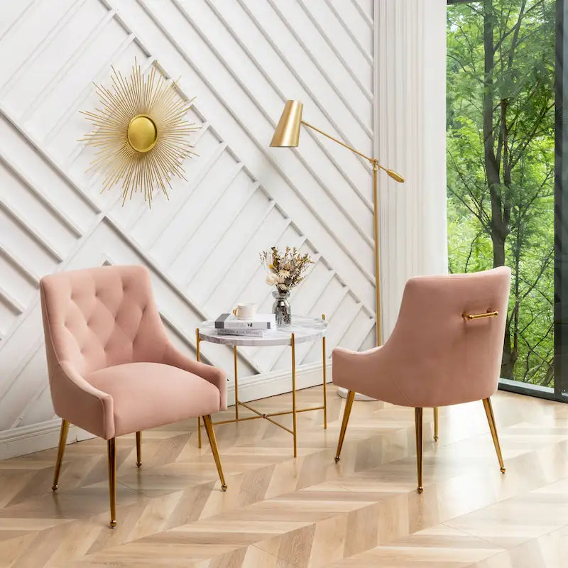 Lot de 2 chaises de salle à manger d'appoint modernes sans accoudoirs en velours bouclé avec dossier capitonné et pieds dorés