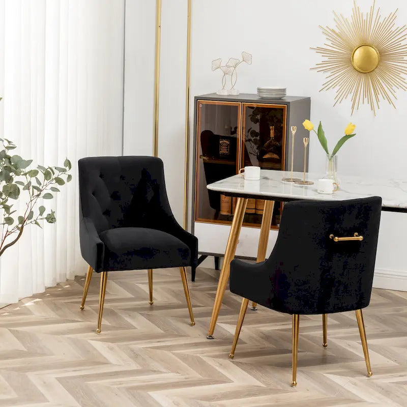Lot de 2 chaises de salle à manger d'appoint modernes sans accoudoirs en velours bouclé avec dossier capitonné et pieds dorés