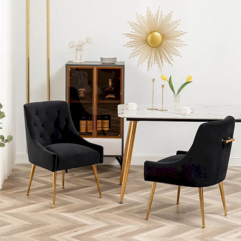 Lot de 2 chaises de salle à manger d'appoint modernes sans accoudoirs en velours bouclé avec dossier capitonné et pieds dorés