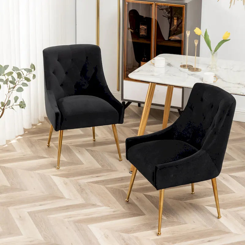 Lot de 2 chaises de salle à manger d'appoint modernes sans accoudoirs en velours bouclé avec dossier capitonné et pieds dorés
