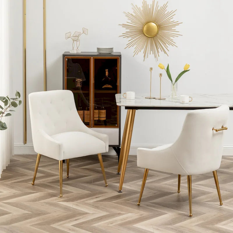 Lot de 2 chaises de salle à manger d'appoint modernes sans accoudoirs en velours bouclé avec dossier capitonné et pieds dorés