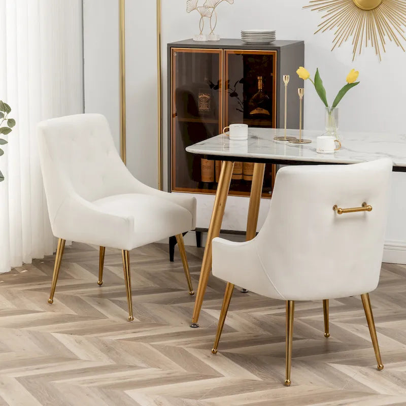 Lot de 2 chaises de salle à manger d'appoint modernes sans accoudoirs en velours bouclé avec dossier capitonné et pieds dorés