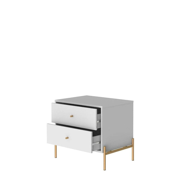 Table de chevet avec pieds en acier doré et finition blanc brillant