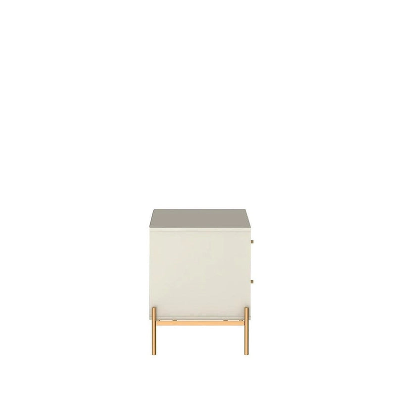 Table de chevet avec pieds en acier doré et finition blanc brillant